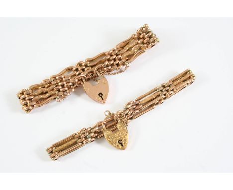 A 9CT GOLD FANCY GATE LINK BRACELET with padlock clasp, 16cm long, together with another 9ct gold gate link bracelet, 16.5cm 