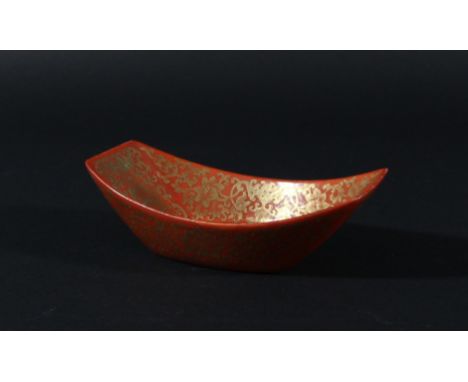 CHINESE CRESCENT SHAPED DISH, Jiaqing mark and probably period, the orange ground with gilt scrolling floral and foliate deco