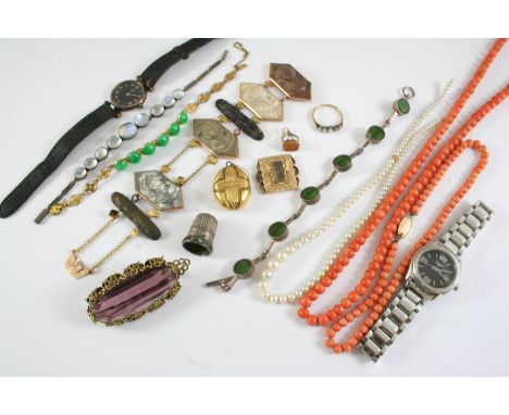 A QUANTITY OF JEWELLERY including a lava cameo bracelet (damaged), a jade and gold bracelet, two coral necklaces, a rose-cut 