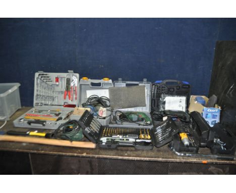 A COLLECTION OF POWER TOOLS AND ACCESSORIES, including a Ryobi sander, a Power Craft sander, a Nu Tool drill, a JCB cordless 