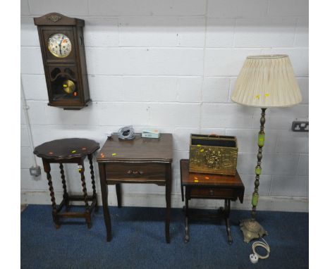 A SELECTION OF OCCASIONAL FURNITURE, to include an oak barley twist table, a sewing machine, a mahogany sofa table, a brass m
