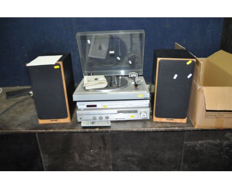A PAIR OF TANNOY MERCURY Mk2 CHERRY HI FI SPEAKERS, a Hitachi HT-40S, a Hitachi HA-3700 amplifier (both PAT fail due to unins