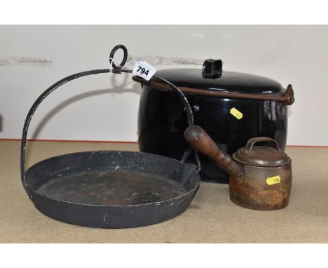 THREE VINTAGE COOKING POTS comprising an iron hanging skillet with support spout, height 26cm x diameter 31cm (rusted in part