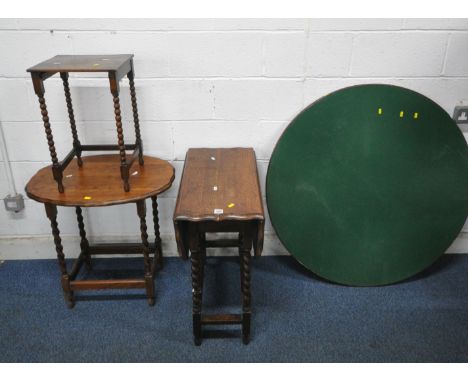 A MUDIE'S SQUEEZER CARD TABLE, with green baize and folding legs, diameter 107cm, an oak barley twist gate leg table, along w