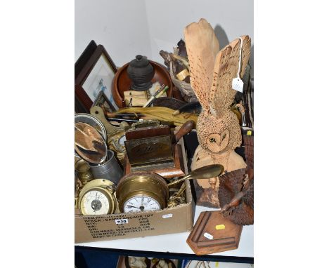 TWO BOXES AND LOOSE TREEN AND METALWARE, included a carved sculpture of an owl on a log with a mouse, a sculpture of a peacoc