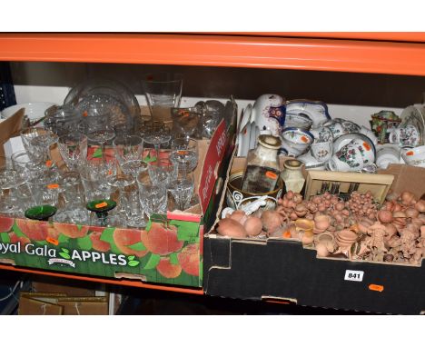 FOUR BOXES AND LOOSE GLASS, CERAMICS, AND ORNAMENTS to include a large quantity of miniature strung terracotta pots, four pie