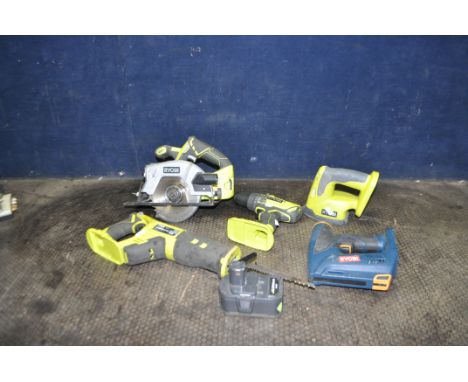 A COLLECTION OF RYOBI ONE+ POWER TOOLS, comprising of a circular saw, a reciprocating saw, a drill, a sander, a cst-180 stapl