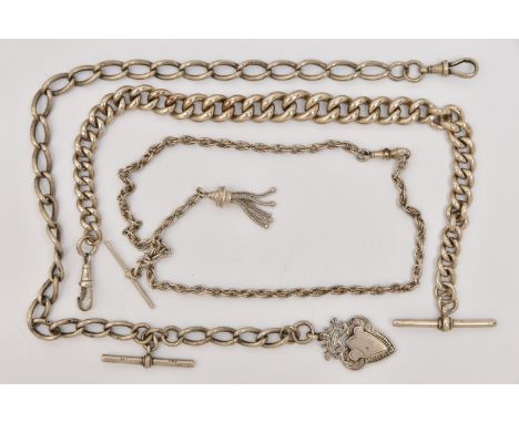 TWO SILVER ALBERT CHAINS AND A NECKLACE, the first an oval link Albert chain fitted with a T-bar, lobster clasp, and fob meda