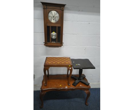 A BURR WALNUT RECTANGULAR COFFEE TABLE, with wavy edges, raised on cabriole legs, width 90cm x depth 44cm x height 46cm, a st