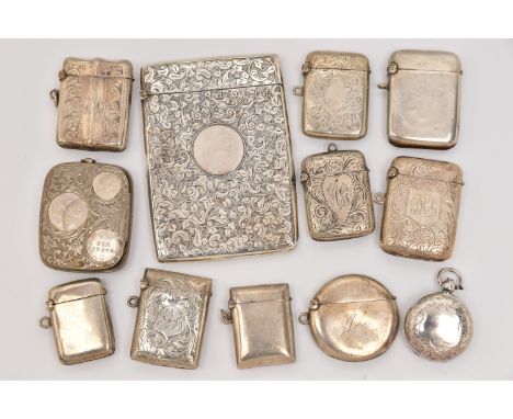 A SILVER CARD CASE, SOVEREIGN CASE AND ASSORTED VESTA CASES, the card case of a rectangular form with scrolling foliate patte