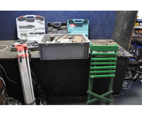 A TRAY CONTAINING TOOLS, including a Starrett internal bore micrometer, a Bergen air wrench, a Rabone square, a Makita 110v j