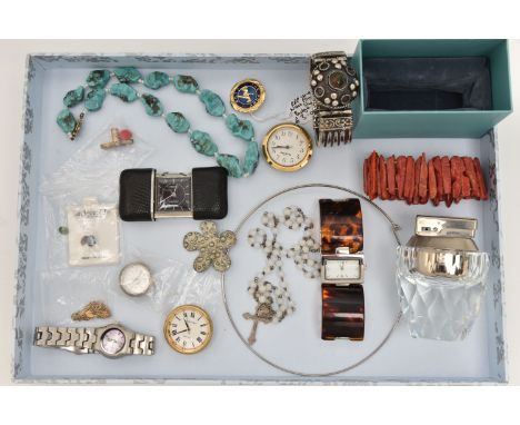 A BOX OF ASSORTED ITEMS, to include a white metal and hardstone bangle, a hard stone bracelet and necklace, a 'Swarovski' tab