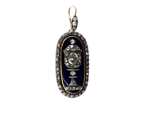 A George III diamond and enamel memorial pendant, the classical urn set with graduated rose-cut diamonds, set in blue enamel,