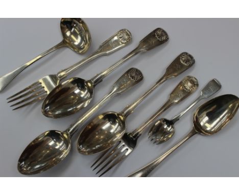 A collection of silver flatware, George III and later, including fiddle thread and shell table forks, table spoons, a Victori