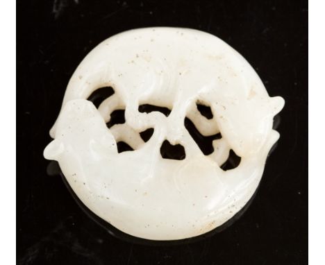 A white jade carving of two cats, intertwined, 4.5cm diameter