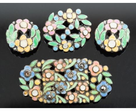 Bernard Instone - a silver and enamel brooches, with colourful flowers set with marcasite, stamped B.I; another similar brooc