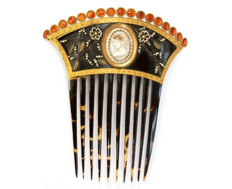 A Georgian tortoiseshell hair comb, set with a porcelain cameo depciting a classical portrait, seed pearl and wire work flora