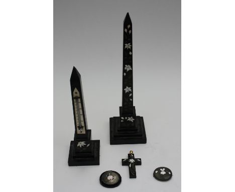 A collection of Ashford marble, including ornamental obelisk, obelisk desk thermometer, pendant cross with 15 carat gold link