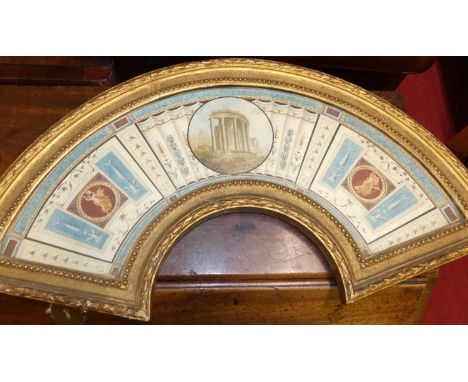 19th century school - Grand Tour vignette study of an Italian fresco within a paper fan setting, watercolour, framed as a sem