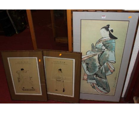 A pair of Japanese school prints of seated immortals; together with a further Japanese colour print (3)