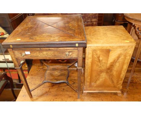 A late Victorian rosewood and floral satinwood inlaid envelope card table, with single frieze drawer (reduced in height), w.5