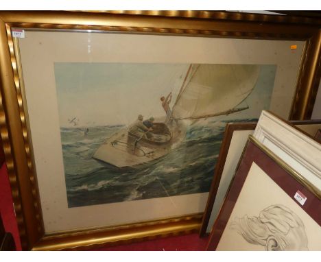 After Charles Napier Hemy - Sailing in a swell, colour print, 54 x 81cm; together with a monochrome print of the Thames (2)