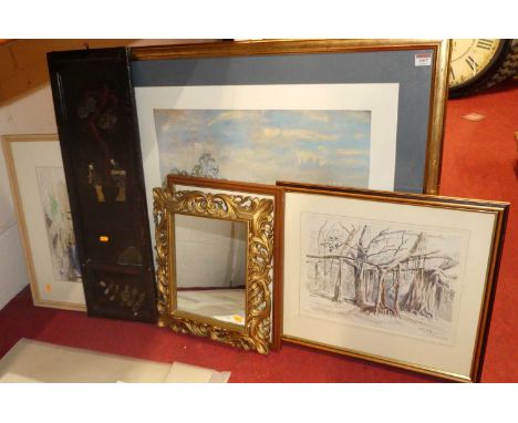 A gilt composition framed wall mirror, 42 x 35.5cm; a 1920s Japanese shibayama panel, 78 x 25cm; assorted amateur watercolour