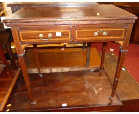 An Edwardian mahogany and satinwood inlaid fold-over baize lined card table, having swivel action and twin frieze drawers, w.