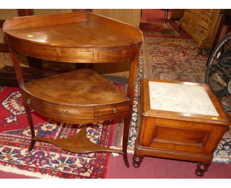 A Victorian mahogany round cornered hinge topped commode stool, w.45cm; together with a 19th century mahogany bowfront corner
