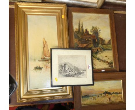 N.L. Barker - Calm evening, oil on card, 56 x 22cm; together with two others by the same hand; and a monochrome print (4) 