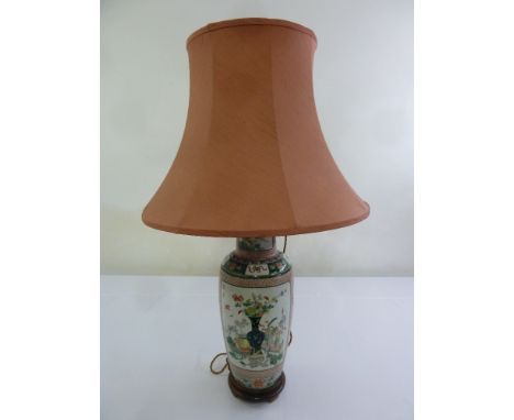 A Chinese 19th century baluster vase converted to a table lamp to include silk shade, A/F