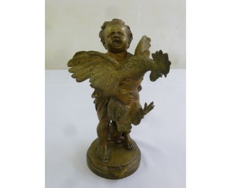 Adriano Cecioni bronze figurine, L`enfant au coq, cast as a crying infant clutching a rooster while standing above a toy cann