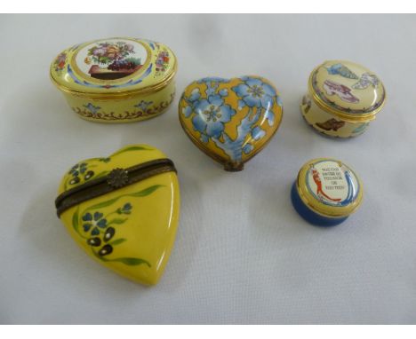 Five polychromatic enamel trinket and patch boxes to include Limoges and Halcyon Days