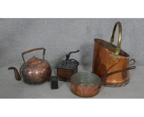 A brass and copper coal scuttle, a copper pan and teapot, a vintage coffee grinder and a 2lb weight. H.40.5cm (Coal bucket) 