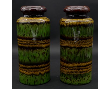 A pair of vintage West German lava glaze striped ceramic vases. Numbered to the base. H.30cm 