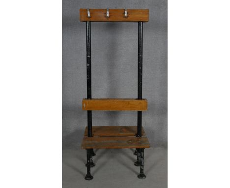 A mid century vintage teak and iron framed school or changing room bench and coat stand. H.171 L.70 W.60cm 