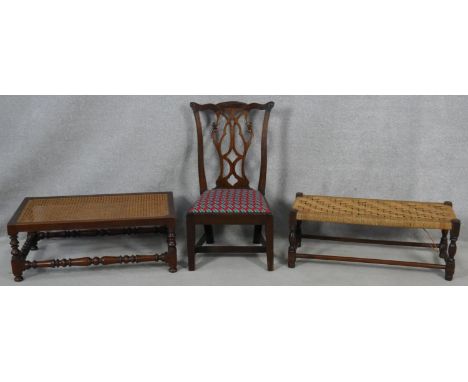 A Georgian mahogany Chippendale style side chair along with an oak long stool with caned top along with a similar example wit