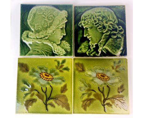 A pair of 19th Century relief decorated portrait tiles, 15 x 15cm. Together with a further pair of tiles.