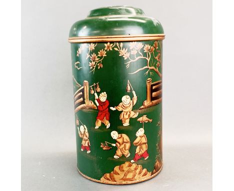 A chinoiserie design toleware tea caddy, H. 38cm.