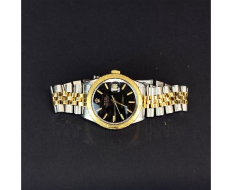 A gent's bi-metal black faced Rolex Oyster perpetual chronometer wristwatch, Dia. 3.5cm. Appears to be in working order