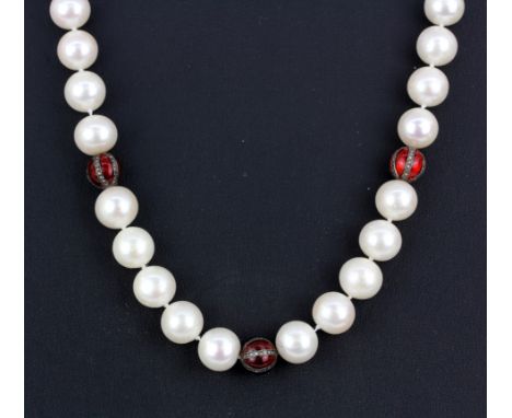 A cultured pearl, enamel and diamond necklace with an 18ct white gold clasp, L. 46cm.