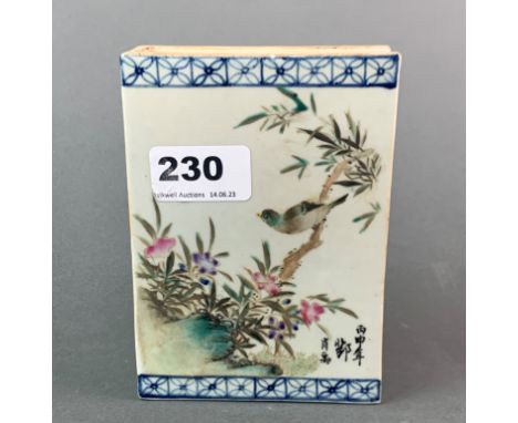 A Chinese hand painted porcelain book shape desk item, 14 x 10 x 3.5cm.