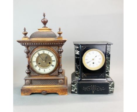 A 19th Century wooden striking mantle clock, H. 45cm. together with a French marble and slate mantle clock.