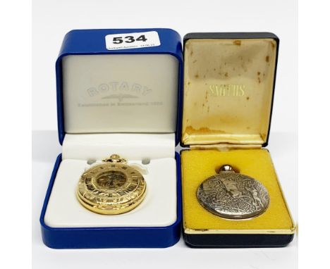 A Rotary gold plated pocket watch with a Smiths hunting pocket watch.