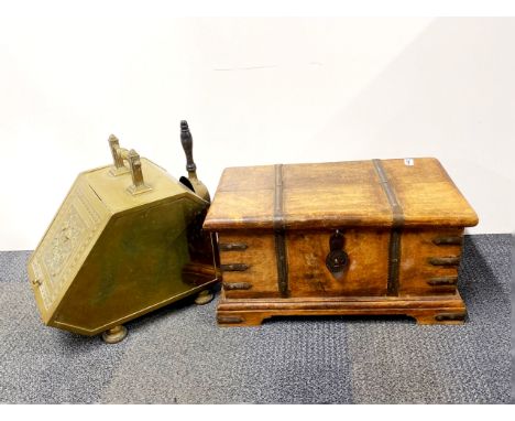 A metal bound hardwood trunk with an Edwardian brass coal scuttle, box size 56 x 30 x 28cm.