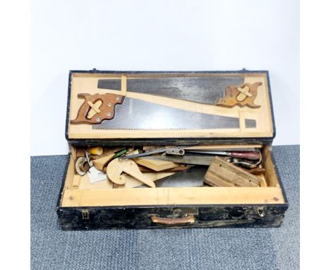 A vintage pine tool box and contents, 82 x 18 x 40cm.