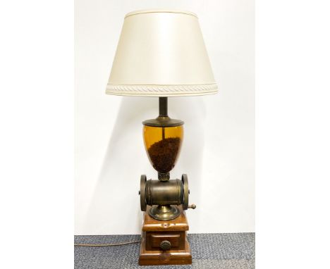 An unusual coffee grinder table lamp with shade, H. 83cm.