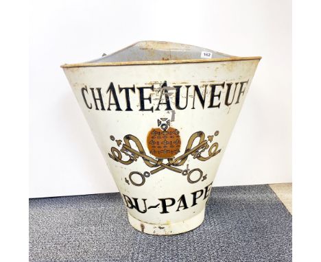 A large steel advertising grape hopper with leather straps for Chateauneuf du-Pape, W. 60cm. H. 55cm.