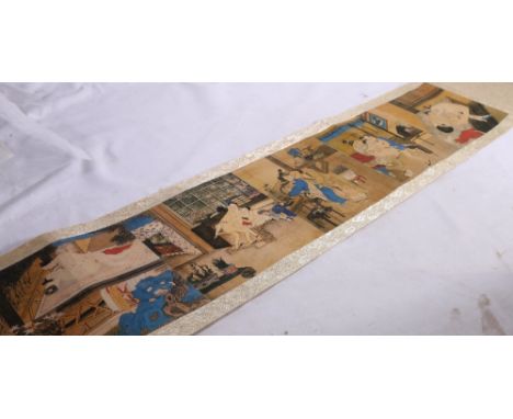 Chinese 20th Century erotic screen printed silk scroll with a cream silk border, 19.5cm x 198cmCONDITION REPORT:Condition is 
