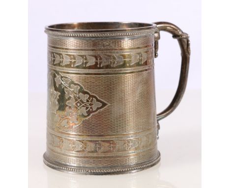 Victorian silver christening mug with allover engine turned decoration and two bands of chased stylised floral pattern by mak